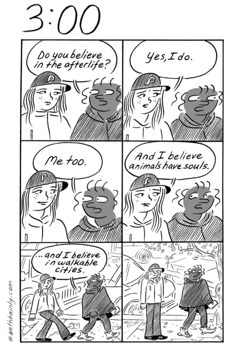 A six-panel, black-and-white comic shows a Black woman in a dark poncho and a white woman in a jacket and Phillies baseball hat on a city street, walking and talking about the afterlife and their beliefs.
