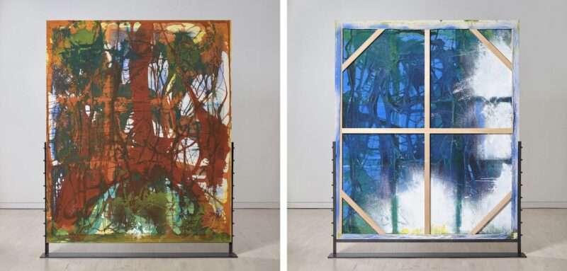 Two views of a double-sided abstract painting, the left (front) view has bold gestural moments in orange covered with a light scrim of lines also in orange, with top and bottom elements of green; the right (rear) view has bright spots of white on one side and bottom, with the rest of the canvas, which is behind the painting’s wood framed armature, is loose lines of dark blue in front of a pale blue background, with areas of green punctuating.