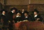 A painting by Rembrandt shows Dutch men in black with white collars and hats gathered around a table with a red cloth. They are members of an important guild in Amsterdam in 1662.
