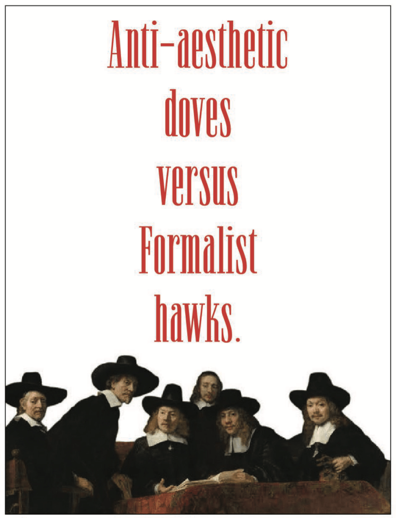 A poster-like piece has text in red on a white background, along with a color image of Rembrandt’s “The Sampling Officials” (1662). 