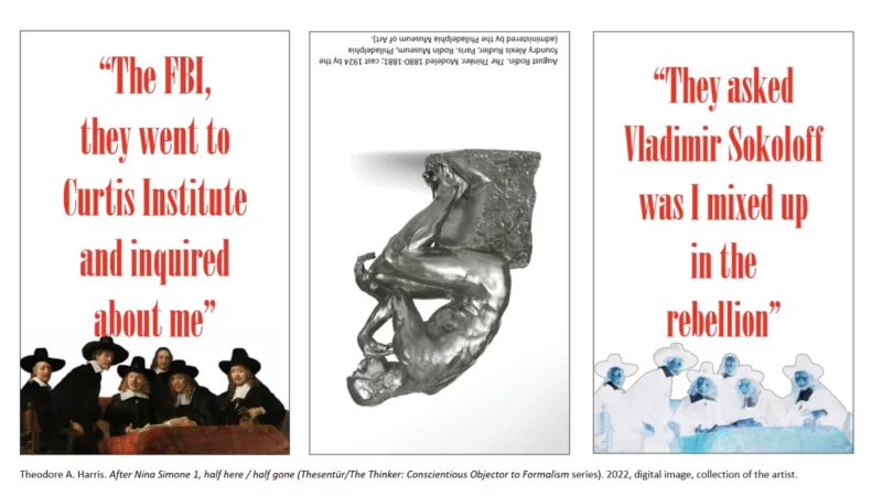 A poster-like triptych has text in red on the left and right panels, along with a positive image of Rembrandt’s “The Sampling Officials (1662) on the left and an “x-ray-like” image of the same painting on the right side, with the middle panel showing an upside down image of Rodin’s “The Thinker.”
