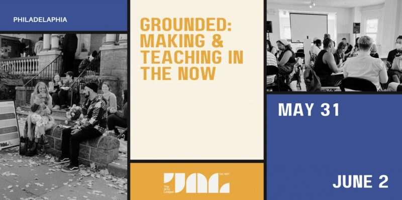 A poster image announces an artist convening at The Arts League. "Grounded: Making & Teaching in the Now" is in the middle panel, with black and white images to the left and right. Overall color scheme is blue and gold.