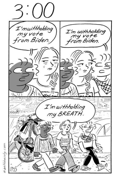 A three-panel, black-and-white comic shows three young women walking down a street in Philadelphia talking about withholding their votes from one candidate or another in the upcoming election.