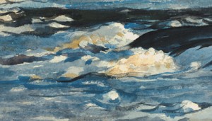 detail of 'The Rapids, Hudson River, Adirondacks,' showing where Homer scraped away color to create white foam