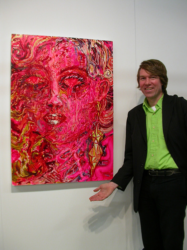 Alex Baker, green shirt + pink painting