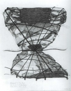 Barbara Chase-Riboud ‘Monument to Man Ray's "The Enigma of Isidore Ducasse" Philadelphia’ (1996) etching on paper, reworked with charcoal, charcoal pencil, and pen and ink,31 1/2 x 23 3/4 in, courtesy of the Artist