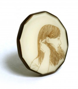 Melanie Bilenker, hair drawing on cameo-like jewelry, at Wexler Gallery