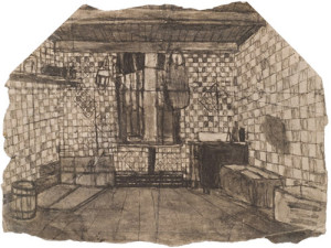 A look inside: James Castle's Untitled (storeroom with checkered wallpaper), undated; soot and saliva 7 3/4 x 10 1/2 inches, double-sided. Courtesy: Fleisher Ollman Gallery