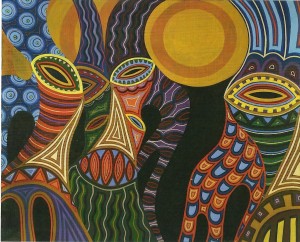 Charles Searles, Three Soul Visitors, 1977, acrylic on canvas, collection of Kathleen Spicer