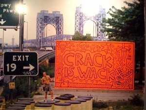 The artist goes after crack cocaine as he sought ever larger canvases for his message. Here in the mid 1980s on the entrance ramp for the The Triborough Bridge.