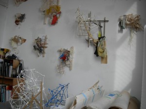 wall and table sculpture in the artist's studio