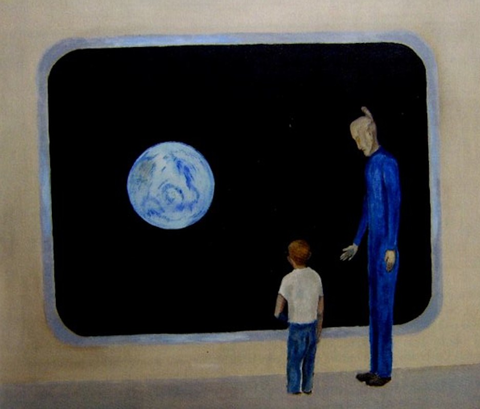 David Huggins, Watching the Earth. Scan from Love In An Alien Purgatory- the art of David Huggins by Farah Yurdozu  published by  Anomalist Books
