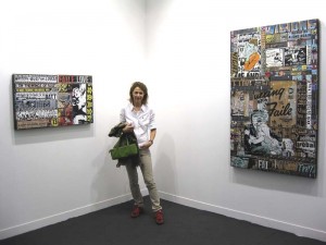 Katia Raymondaud, artpashion.com art consultant, at Perry Rubenstein's space between two FAILE pieces. 