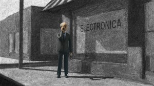 Joshua Mosley, Commute, Still image from mixed media animation, 2003