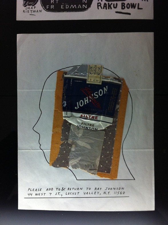 Ray Johnson's self-portrait add to and send to with French cigarettes, part of Correspondences.