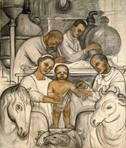 Vaccination Diego M. Rivera, Mexican, 1886-1957; Cartoon of Vaccination (Detroit Industry north wall), 1932, charcoal with red pigment over light charcoal. Gift of the artist (33.41).