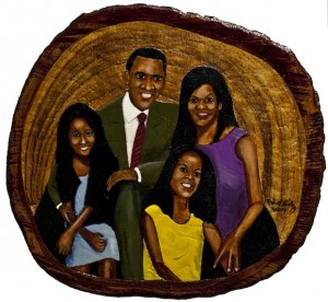 Robert Smith Shabazz The Obama Family 2009 Water and acrylic on wood round from tree Image courtesy of the artist and ICI