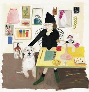 Maira Kalman, Self-Portrait (with Pete), 2004–5 gouache on paper 16 x 15 inches Published: “Elements,” “Hot day. Book found. Aha!/ Words cannot express./ If only I could./ Without a doubt./ Goodness./ Good. Good. Good.” 