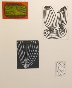 Photo credit to Brian Cypher top left: "Untitled" (yellow box), 2012, acrylic on paper, 15" x 22". top right: "Untitled," (branching form) 2013, acrylic and ink on paper, 30" x 22". middle: "Untitled" (13 paths), 2012, acrylic and ink on paper, 24" x 19". bottom: "Untitled," (white coil) 2011, acrylic and graphite on paper, 13 3/4" x 9 1/4".