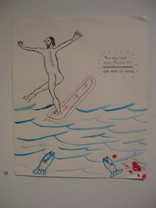Abel Brown, Christ on Water, 2009, ink, watercolor and typewriter ink on paper, 9 1/2 x 8 inches 