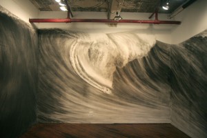Phillip Adams charcoal drawing installation at Tiger Strikes Asteroid. Photo courtesy of the gallery.