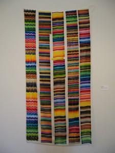 Polly Apfelbaum, 5 wimpels in one, 2009, magic marker on synthetic rayon silk velvet, 43 x 87 inches, courtesy artist and Locks Gallery 
