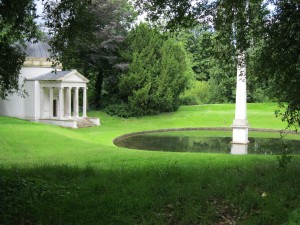 A small temple and obelisk in the garden