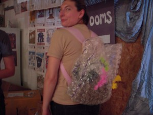 She made a backpack from bubble wrap and pink foam.