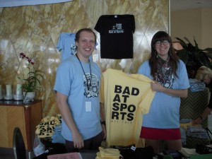 Duncan Mackenzie and Amanda Browder of Bad at Sports, the art radio website out of Chicago, selling t-shirts