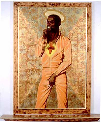barkleyfele "Fela: Amen, Amen, Amen, Amen," 2002. Oil and variegated leaf on canvas, wooden frame, armature, 66 3/4 x 46 3/4 inches.