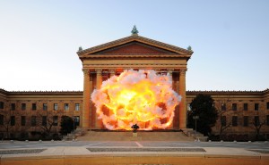 Cai Guo-Qiang (b. 1957, Quanzhou, China; Lives in New York) Fallen Blossoms: Explosion Project 2009 Philadelphia Museum of Art, Philadelphia, December 11, 2009, 4:30 p.m., 60 seconds Explosion area (building facade) approximately 18.3 x 26.1 meters Gunpowder fuse, metal net for gunpowder fuse, scaffolding Photo by Lonnie Graham, courtesy The Fabric Workshop and Museum