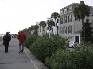 Stefi, Paul and Murray on the raised walk, that seems to be a levee between the houses and the water.