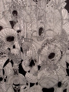 Christine Jones, detail of another drawing, filled with hearts and deep black holes.