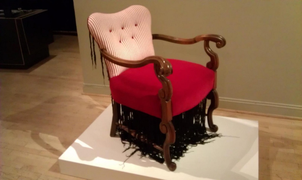 Sonya Clark, Untitled (Cornrow Chair), 2011, found chair, thread, 36 x 20 x 20 inches