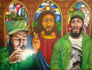 Amir Lyles, cubans With the Jesus Piece, oil on canvas, 30 x 40 inches, from series Covers and Remixes, Vol. 1; in hip hop slang, a cuban is a kind of neck chain and a Jesus piece is a Jesus pendant