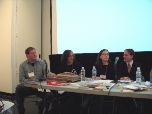 Steven Daiber, left, Marshall Weber, Carolee Gilligan Wheeler and Jennie Hinchcliff, at Hybrid Books panel on collaboration