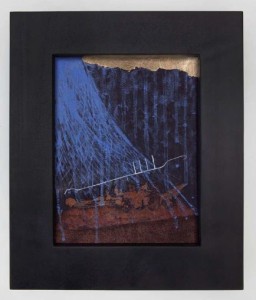 KHU: Djed, 2011, Brush and ink, gold leaf, iron, and lapis lazuli on black paper in polyethylene frame, 12.75 x 10.75 x 1.25 inches