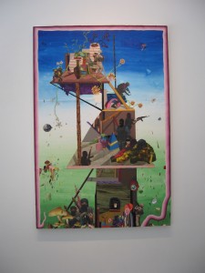 Amir H. Fallah blends menace with playful fantasy. The whole thing drips with irony.