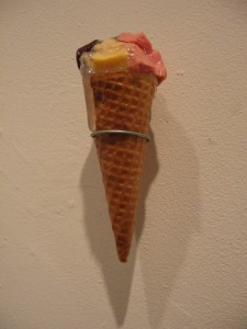 Conor Fields, Neapolitan, 7 x 3 x 3 inches, ice cream cone, freeze dried astronaut ice cream, hot glue 