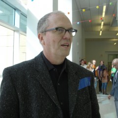 Frank Bramblett, at the opening of the Center City Tyler School of Art. They ran out of "Hello my name is" stickers so Frank made his own out of blue tape.