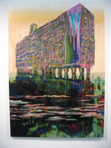Gordon Cheung, Living Machine, 2009. stock listings, acrylic gel and spray on sail cloth. 59.5x85" Jack Shainman Gallery