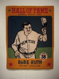 Dorothy Grebenak, Hall of Fame (Babe Ruth Baseball Cards), 1964, wool hooked rug, Courtesy Allan and Clare Stone