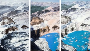 Diane Burko, Grinnell Mt. Gould #1: 1938, Grinnell Mt. Gould #3: 1998, and Grinnell Mt. Gould #4: 2006, 2009 oil on canvas, triptych 88 x 150 inches