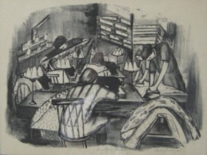 Riva Helfond, Curtain Factory, 1938, lithograph
