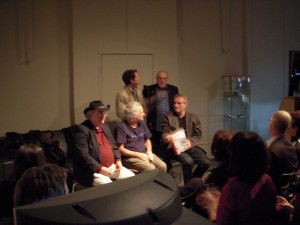 Panel discussion at Slought. L-R in front, Charles Stein, Gary Hill, George Quasha. Rear, Aaron Levy, Osvaldo Romberg