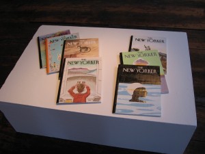 IMG_5224 Briefly Noted Acrylic on wood 10 ¾ x 7 7/8 x 1 ¾ inches 2010 Only the New Yorkers are of wood--inverting the joke of material transformation.