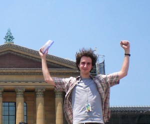 John Karel, on the Rocky steps of the PMA during his lunch break