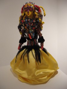 Martina Johnson-Allen, Algeeba, mixed media doll construction, fiber, acrylic painted papers, wire, beads, feathers, 16 x 6 inches, 2000 