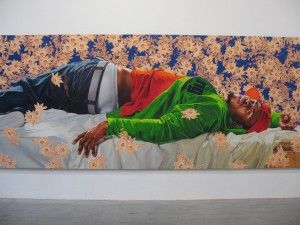 Kehinde Wiley at Deitch Projects, www.deitch.com. This one is based on a sculpture of a woman, but Wiley has given his figure the power to return the viewer's gaze. The original figure had eyes shut.