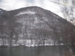 Coming home from Pittsburgh on the Pennsylvanian train. Mountains and rivers and trees galore (and snow)